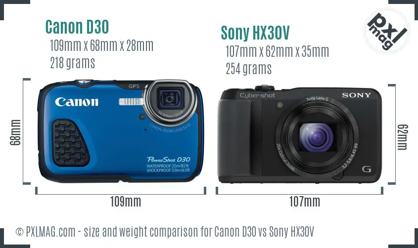 Canon D30 vs Sony HX30V size comparison