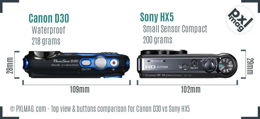 Canon D30 vs Sony HX5 top view buttons comparison