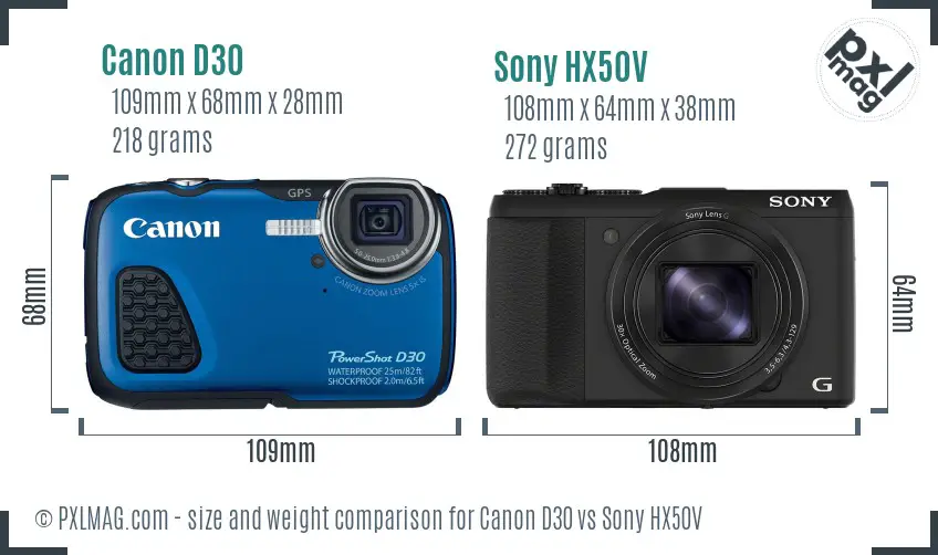 Canon D30 vs Sony HX50V size comparison