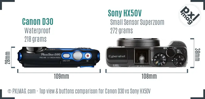 Canon D30 vs Sony HX50V top view buttons comparison