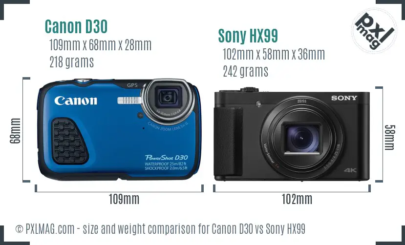 Canon D30 vs Sony HX99 size comparison