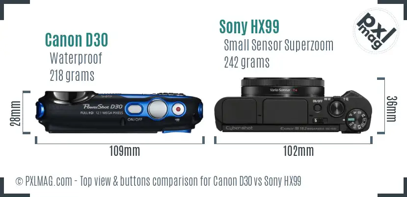 Canon D30 vs Sony HX99 top view buttons comparison