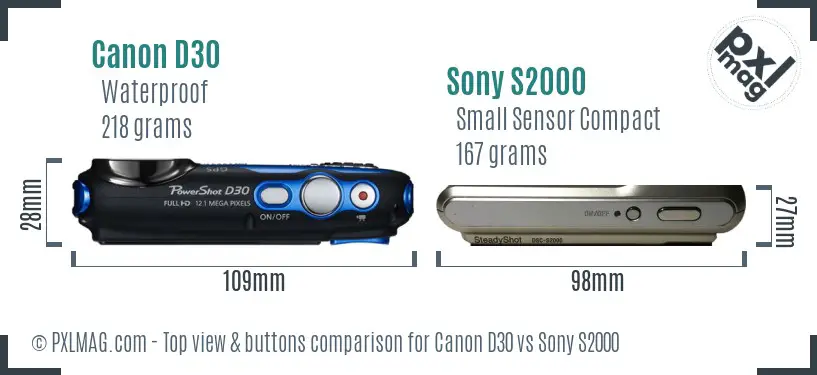 Canon D30 vs Sony S2000 top view buttons comparison Canon D30 vs Sony S2000 top view buttons comparison