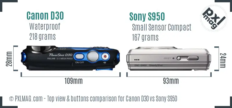 Canon D30 vs Sony S950 top view buttons comparison