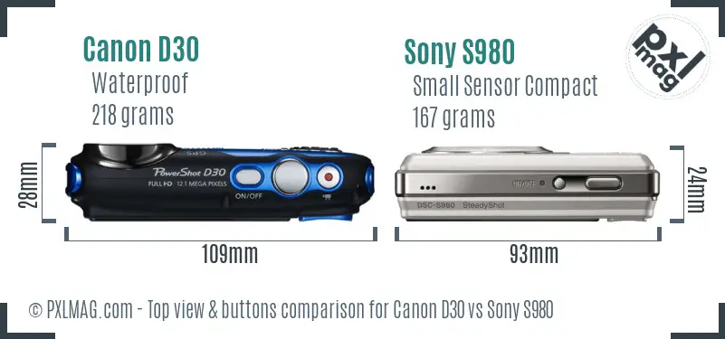 Canon D30 vs Sony S980 top view buttons comparison