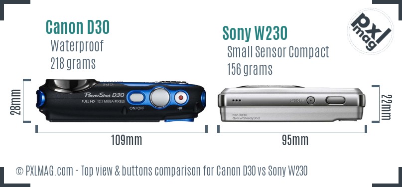 Canon D30 vs Sony W230 top view buttons comparison