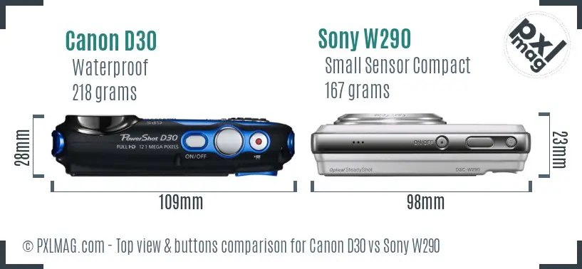 Canon D30 vs Sony W290 top view buttons comparison Canon D30 vs Sony W290 top view buttons comparison
