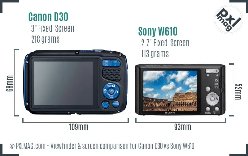 Canon D30 vs Sony W610 Screen and Viewfinder comparison