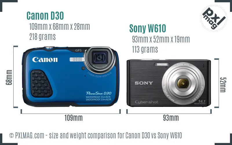Canon D30 vs Sony W610 size comparison