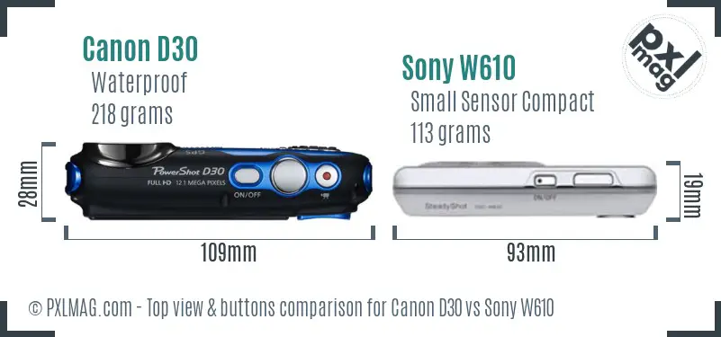 Canon D30 vs Sony W610 top view buttons comparison