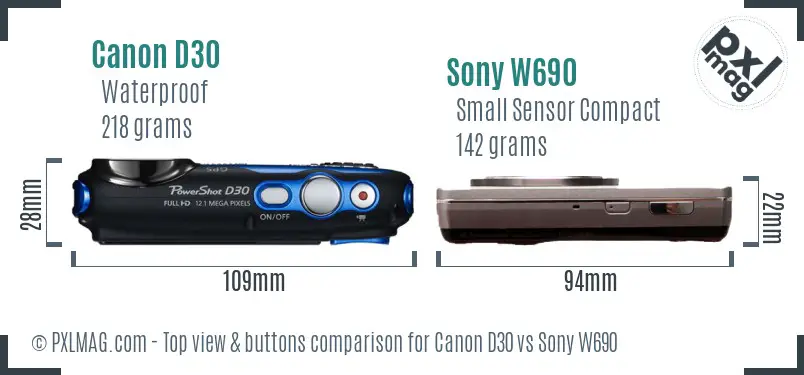 Canon D30 vs Sony W690 top view buttons comparison