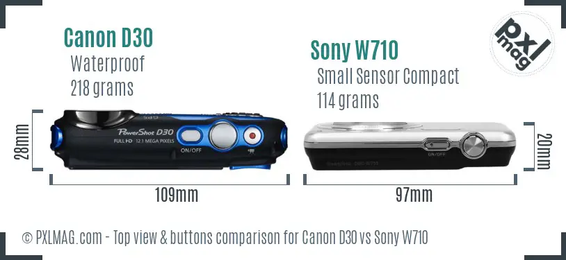 Canon D30 vs Sony W710 top view buttons comparison