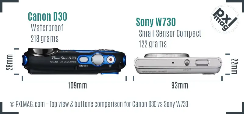 Canon D30 vs Sony W730 top view buttons comparison
