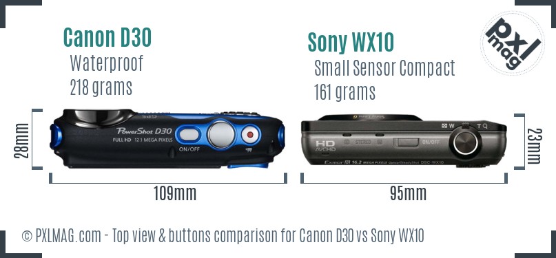 Canon D30 vs Sony WX10 top view buttons comparison