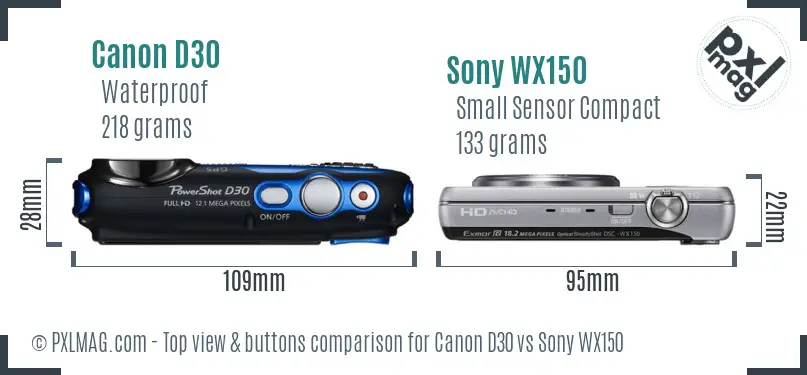 Canon D30 vs Sony WX150 top view buttons comparison