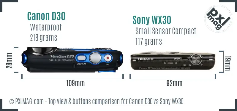 Canon D30 vs Sony WX30 top view buttons comparison