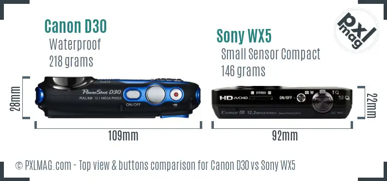 Canon D30 vs Sony WX5 top view buttons comparison Canon D30 vs Sony WX5 top view buttons comparison
