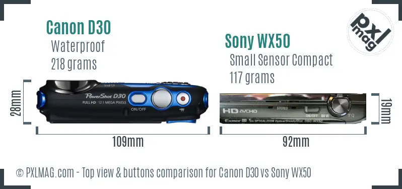 Canon D30 vs Sony WX50 top view buttons comparison Canon D30 vs Sony WX50 top view buttons comparison