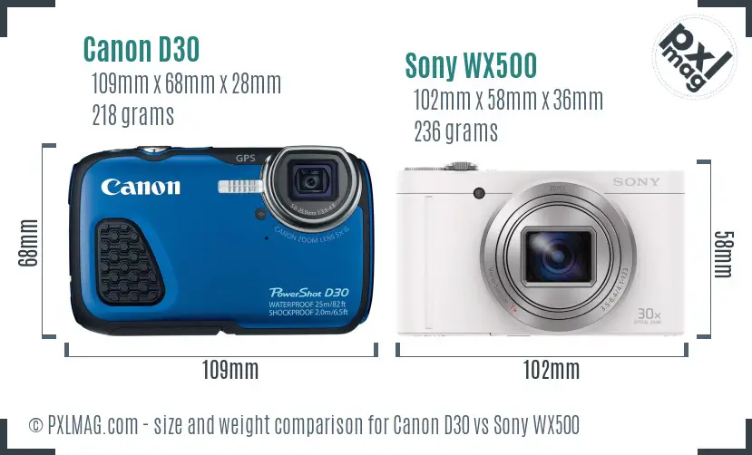 Canon D30 vs Sony WX500 size comparison