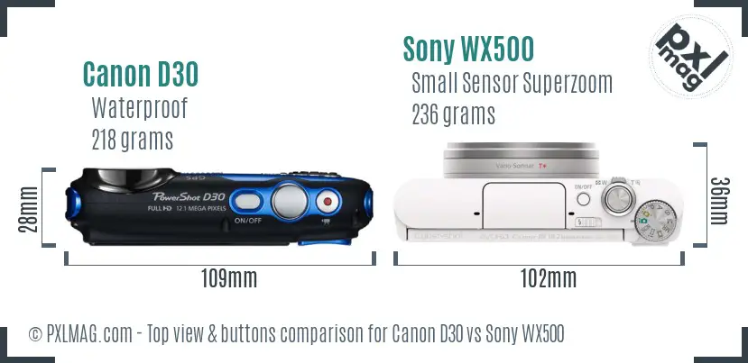 Canon D30 vs Sony WX500 top view buttons comparison