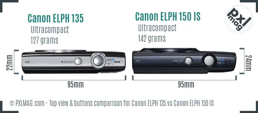 Canon ELPH 135 vs Canon ELPH 150 IS top view buttons comparison