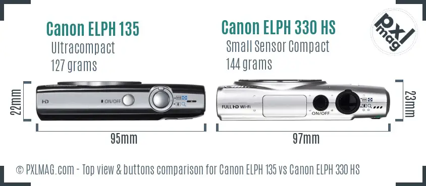 Canon ELPH 135 vs Canon ELPH 330 HS top view buttons comparison Canon ELPH 135 vs Canon ELPH 330 HS top view buttons comparison