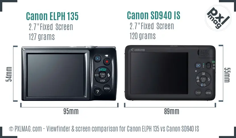 Canon ELPH 135 vs Canon SD940 IS Screen and Viewfinder comparison
