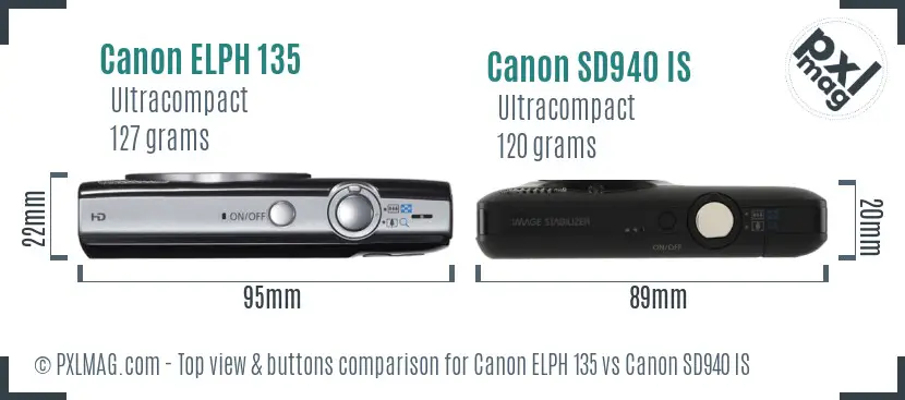 Canon ELPH 135 vs Canon SD940 IS top view buttons comparison
