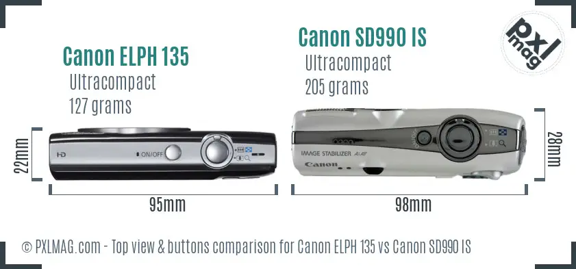 Canon ELPH 135 vs Canon SD990 IS top view buttons comparison