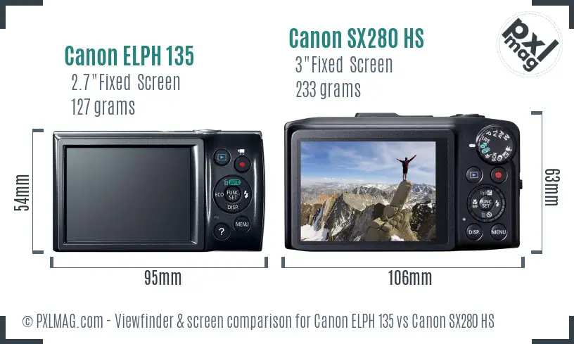 Canon ELPH 135 vs Canon SX280 HS Screen and Viewfinder comparison