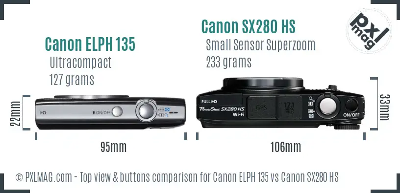 Canon ELPH 135 vs Canon SX280 HS top view buttons comparison