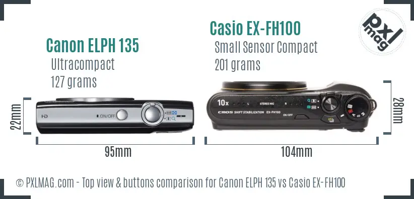 Canon ELPH 135 vs Casio EX-FH100 top view buttons comparison