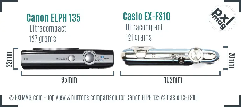 Canon ELPH 135 vs Casio EX-FS10 top view buttons comparison