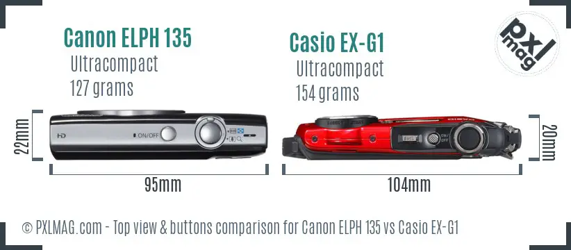 Canon ELPH 135 vs Casio EX-G1 top view buttons comparison