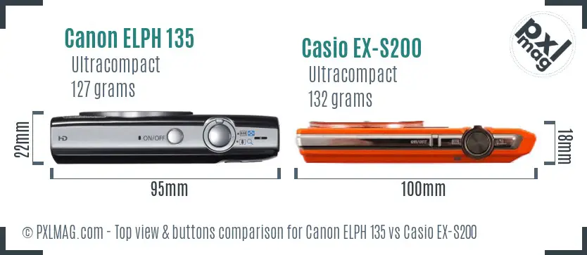 Canon ELPH 135 vs Casio EX-S200 top view buttons comparison