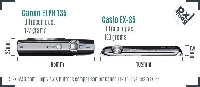 Canon ELPH 135 vs Casio EX-S5 top view buttons comparison Canon ELPH 135 vs Casio EX-S5 top view buttons comparison