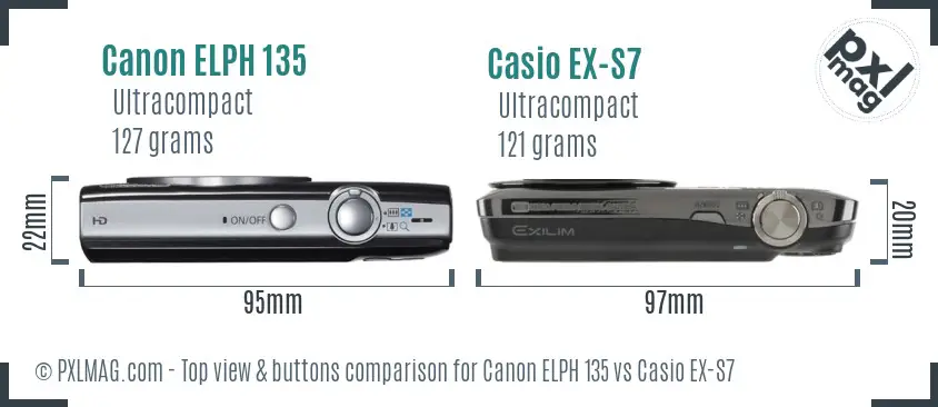 Canon ELPH 135 vs Casio EX-S7 top view buttons comparison