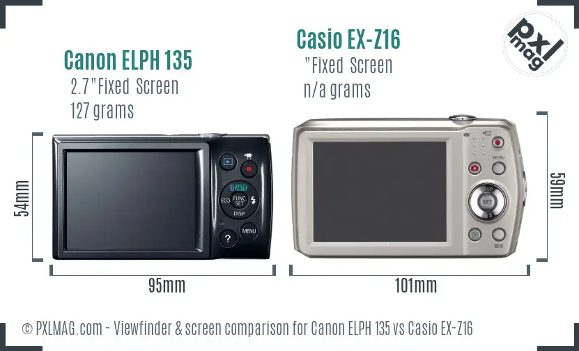 Canon ELPH 135 vs Casio EX-Z16 Screen and Viewfinder comparison