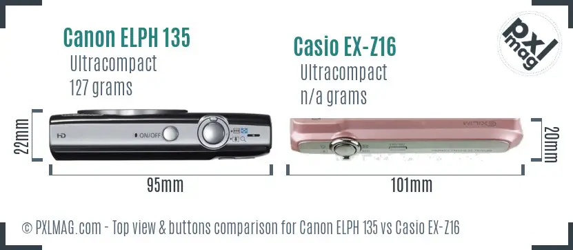 Canon ELPH 135 vs Casio EX-Z16 top view buttons comparison