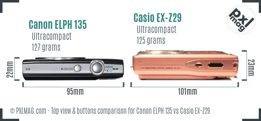 Canon ELPH 135 vs Casio EX-Z29 top view buttons comparison