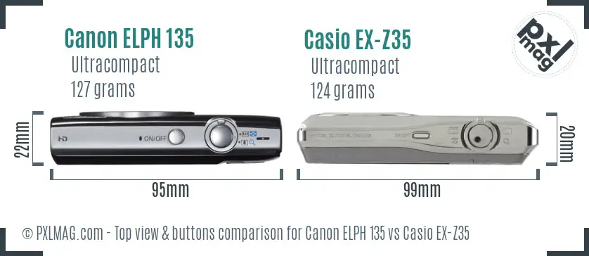 Canon ELPH 135 vs Casio EX-Z35 top view buttons comparison