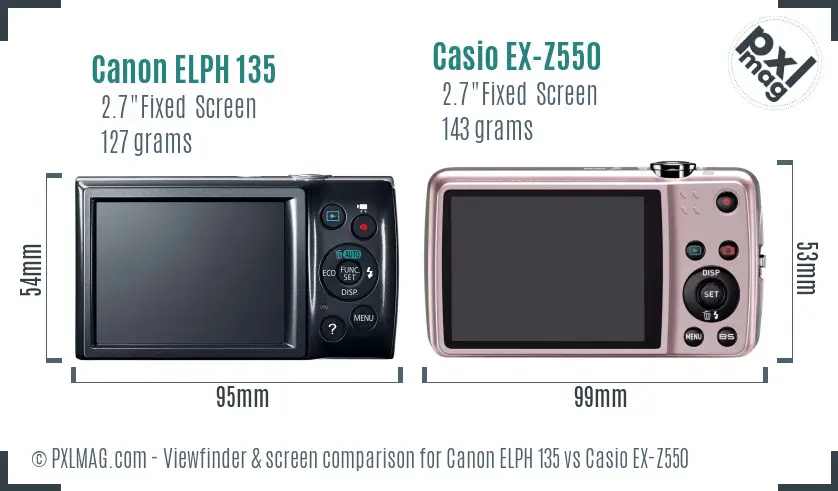 Canon ELPH 135 vs Casio EX-Z550 Screen and Viewfinder comparison
