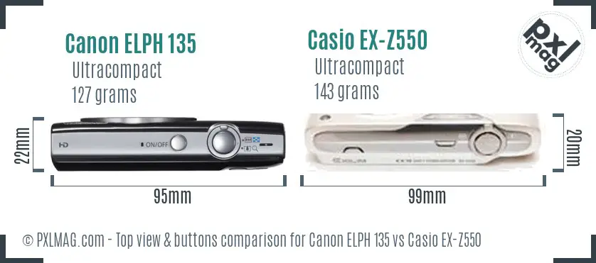 Canon ELPH 135 vs Casio EX-Z550 top view buttons comparison