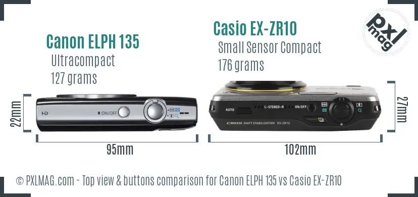 Canon ELPH 135 vs Casio EX-ZR10 top view buttons comparison