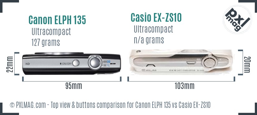Canon ELPH 135 vs Casio EX-ZS10 top view buttons comparison