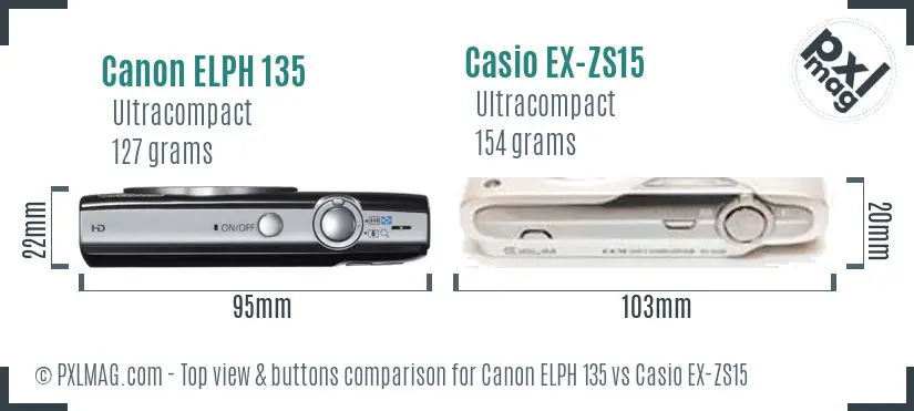 Canon ELPH 135 vs Casio EX-ZS15 top view buttons comparison