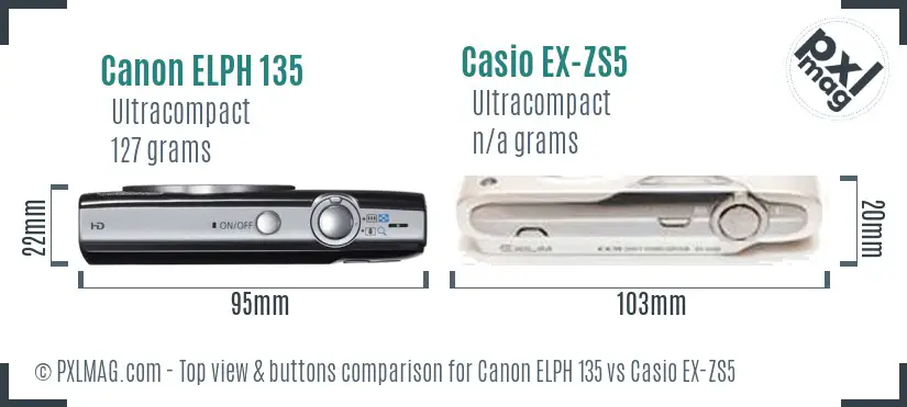 Canon ELPH 135 vs Casio EX-ZS5 top view buttons comparison