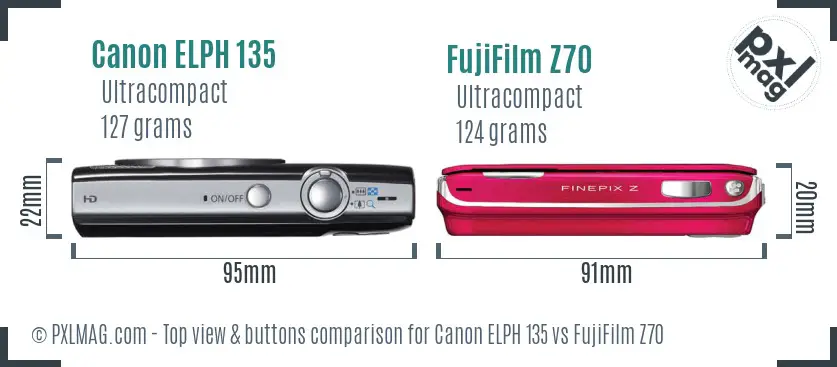 Canon ELPH 135 vs FujiFilm Z70 top view buttons comparison