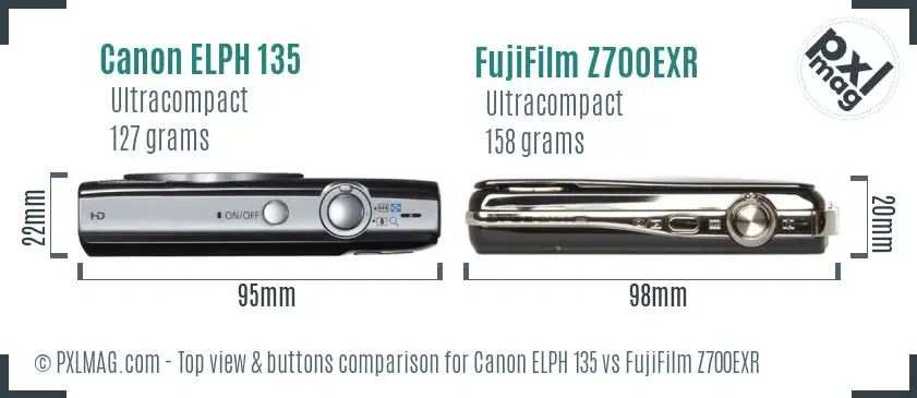Canon ELPH 135 vs FujiFilm Z700EXR top view buttons comparison Canon ELPH 135 vs FujiFilm Z700EXR top view buttons comparison
