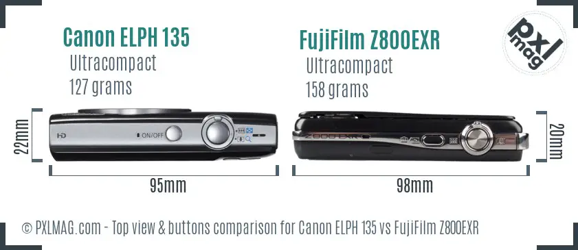 Canon ELPH 135 vs FujiFilm Z800EXR top view buttons comparison